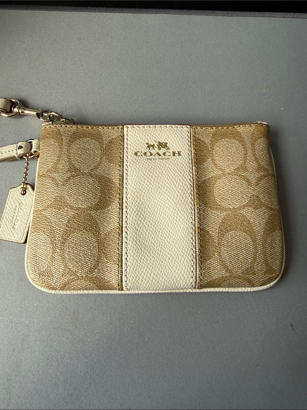 Coach Two-Tone Signature Canvas Wristlet in Tan and Cream